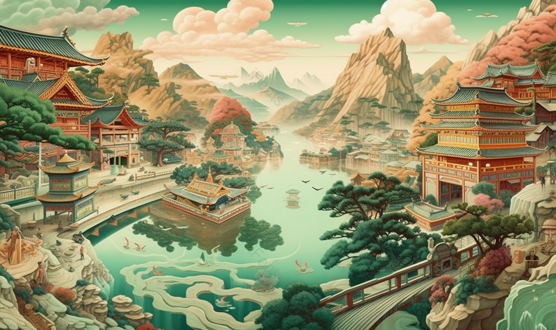 秀丽山水湖泊亭台楼阁自然美景手绘背景,插画/手绘图,插画/手绘图库,插画/手绘图下载,插画/手绘
